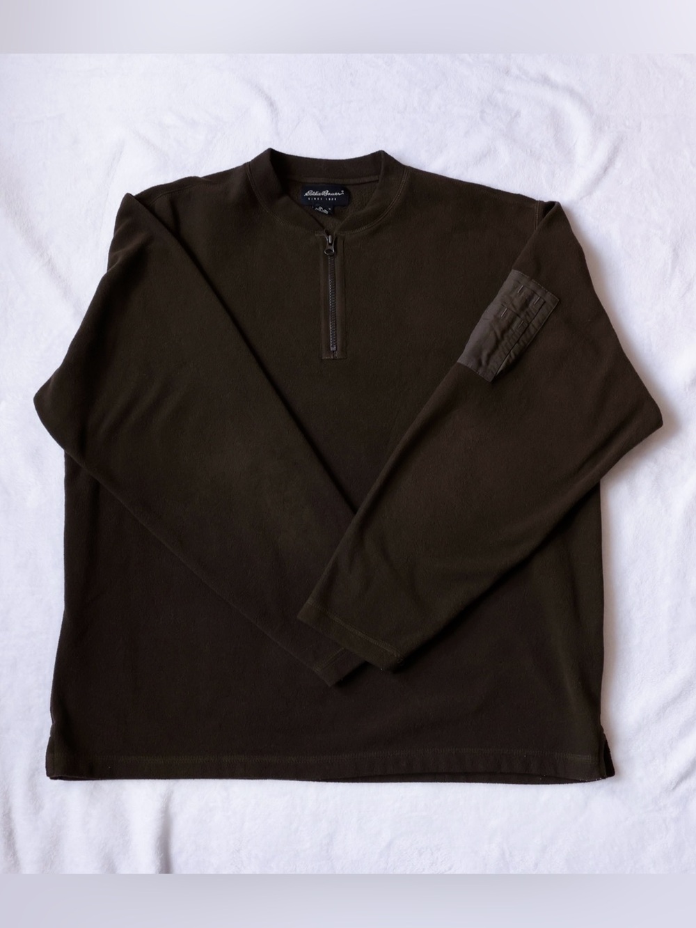 Eddie Bauer Men’s Large Brown Fleece Quarter Zip Pullover Utility Sleeve Pocket